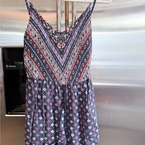 Xhilaration Navy Floral Patterned Smocked Top with Pink Accents